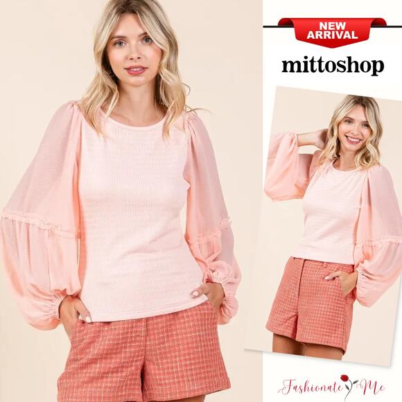 Mittoshop Mixed Media Textured Knit Chiffon Long Balloon Sleeves Blouse | Peach - Picture 1 of 5
